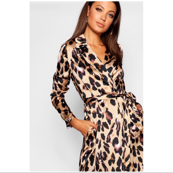 Boohoo Dresses & Skirts - Boohoo Tall Leopard Print Satin Duster Dress